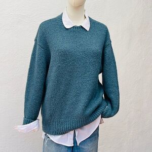 WNDERKAMMER Teal Wool/Nylon Slouchy Pullover Crewneck Sweater (Small) / Academia